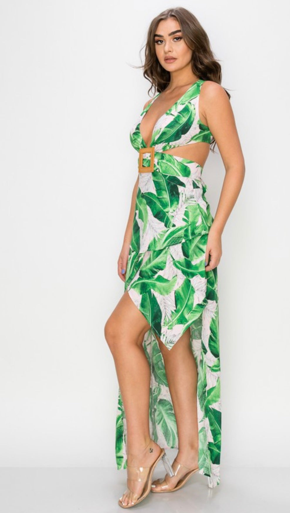 Cut-Out Palm Leaf Print Maxi Dress
