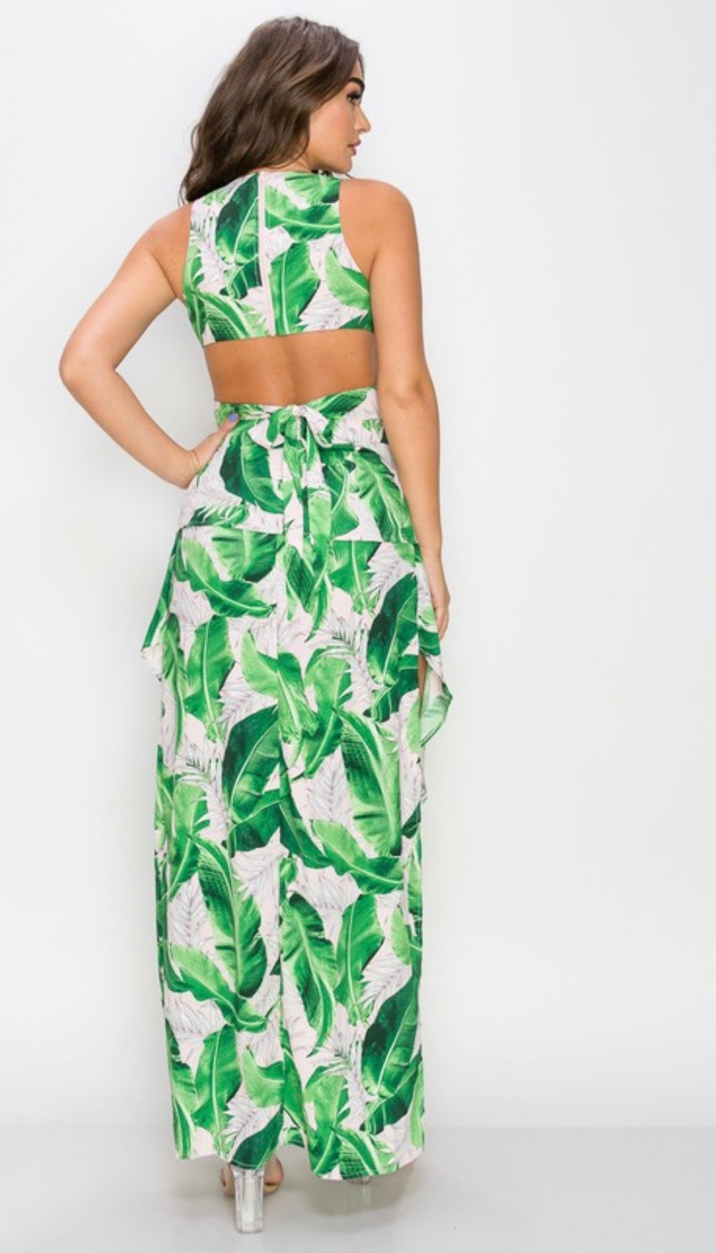 Cut-Out Palm Leaf Print Maxi Dress