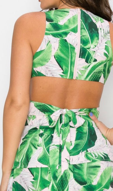 Cut-Out Palm Leaf Print Maxi Dress