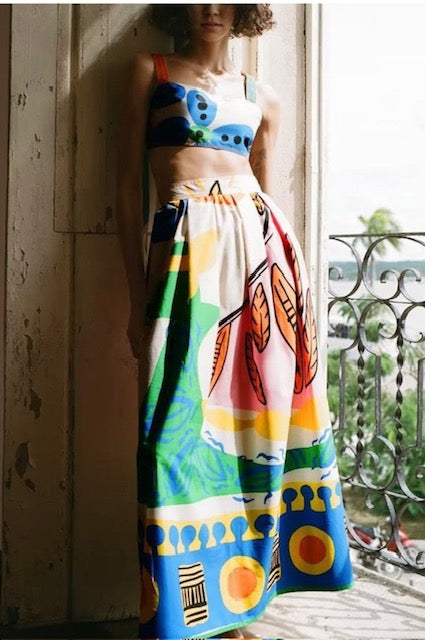 Printed Crop Top and Skirt Set