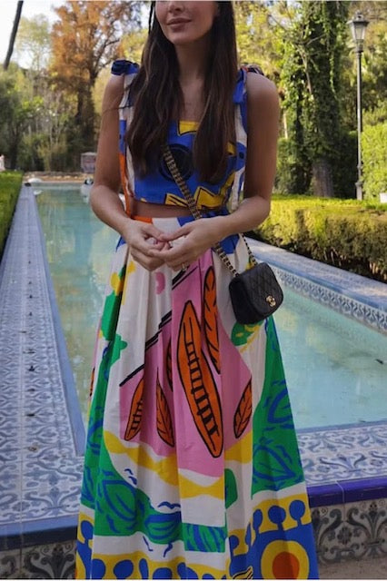 Printed Crop Top and Skirt Set