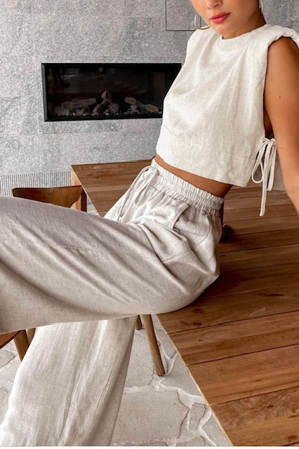 Cotton Linen Top And Wide Leg Pants