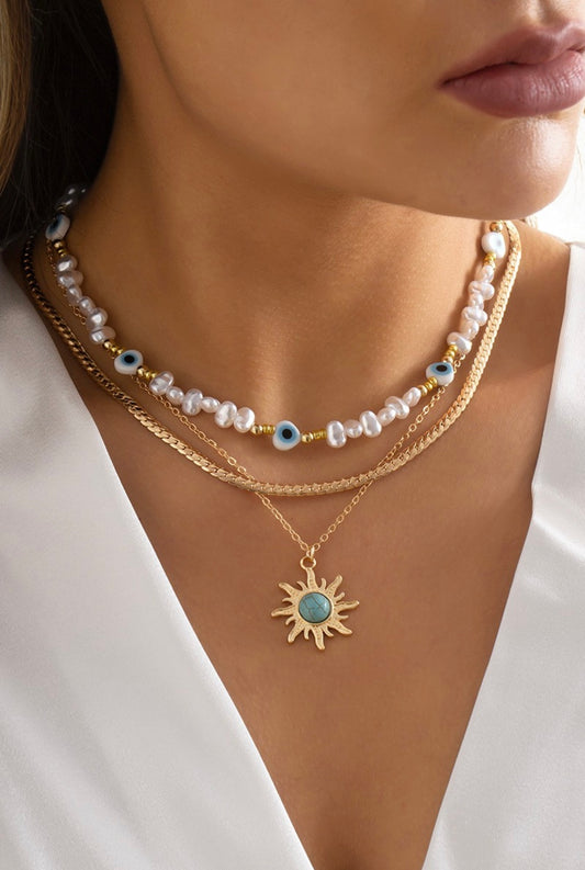 Pearl Chain Resin Sun Pendant Necklace